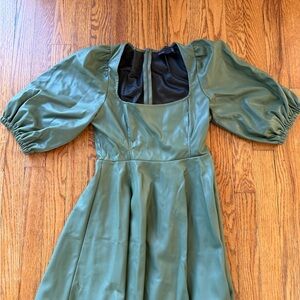 Green leather Puff Sleeve Dress